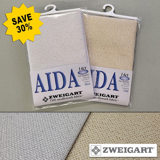 Zweigart Christmas 14ct Lurex Aida Pack - Silver & Gold Fat Quarters - SAVE 30% - FLA14QSG