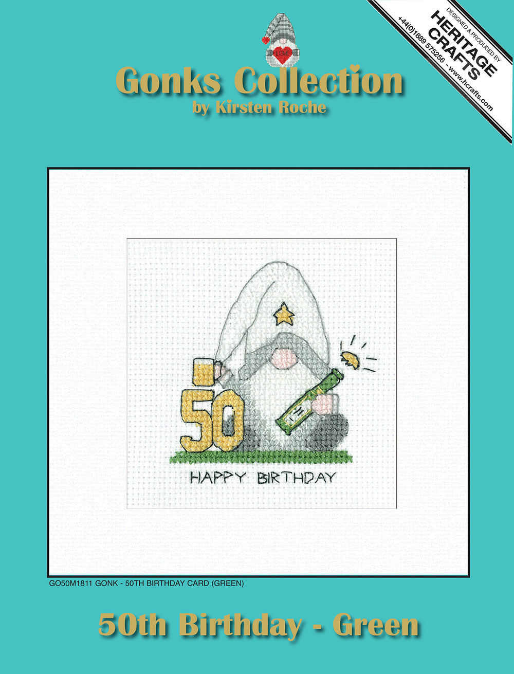 Gonk 50th Birthday Card cross stitch kit (Green) - GO50M1811