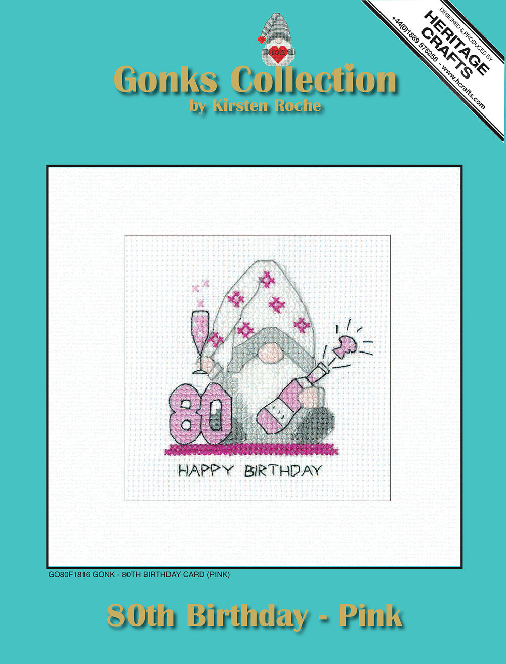 Gonk 80th Birthday Card cross stitch kit (Pink) - GO80F1816
