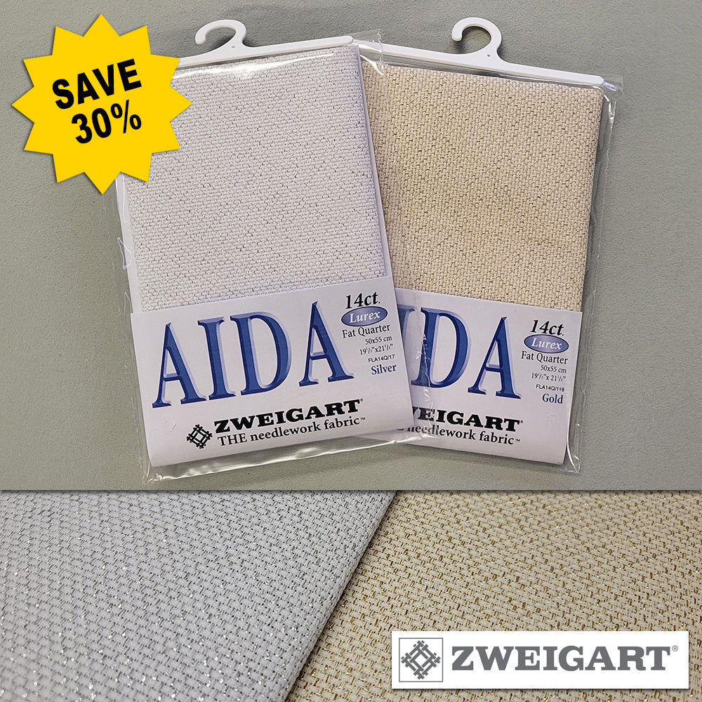 Zweigart Christmas 14ct Lurex Aida Pack - Silver & Gold Fat Quarters - SAVE 30% - FLA14QSG
