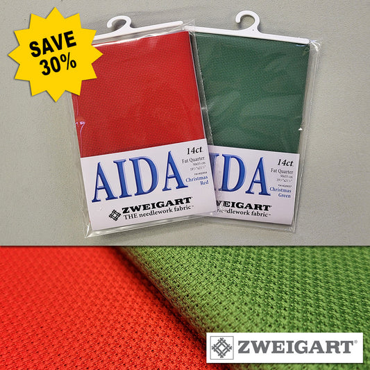 Zweigart Christmas Red and Green 14ct Aida Pack - Two Fat Quarters - SAVE 30% - FA14QRG