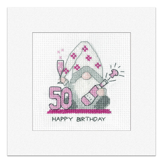 Gonk 50th Birthday Card cross stitch kit (Pink) - GO50F1810