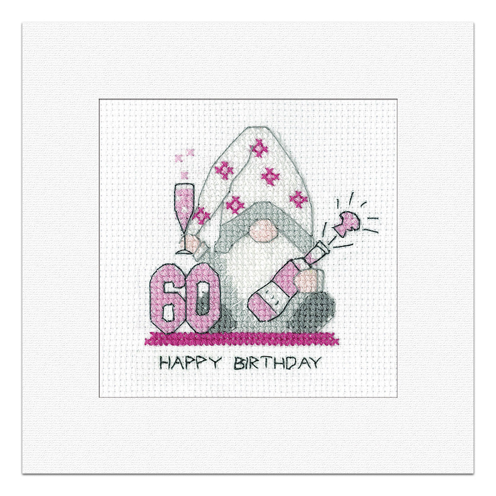 Gonk 60th Birthday Card cross stitch kit (Pink) - GO60F1812