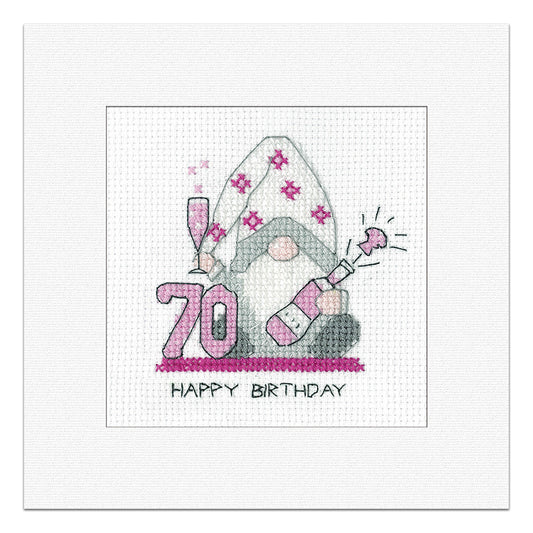 Gonk 70th Birthday Card cross stitch kit (Pink) - GO70F1814