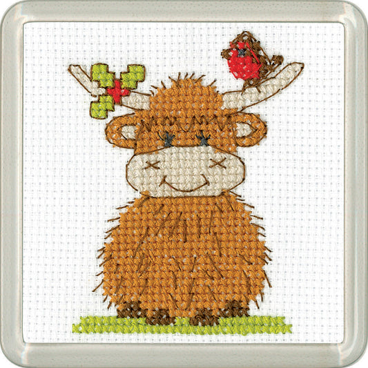 Highland Robin and Holly cross stitch coaster kit - CDRH1837