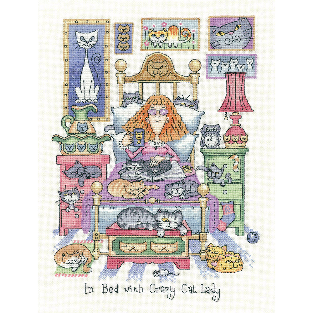 In Bed with Crazy Cat Lady cross stitch kit - CRIB1331