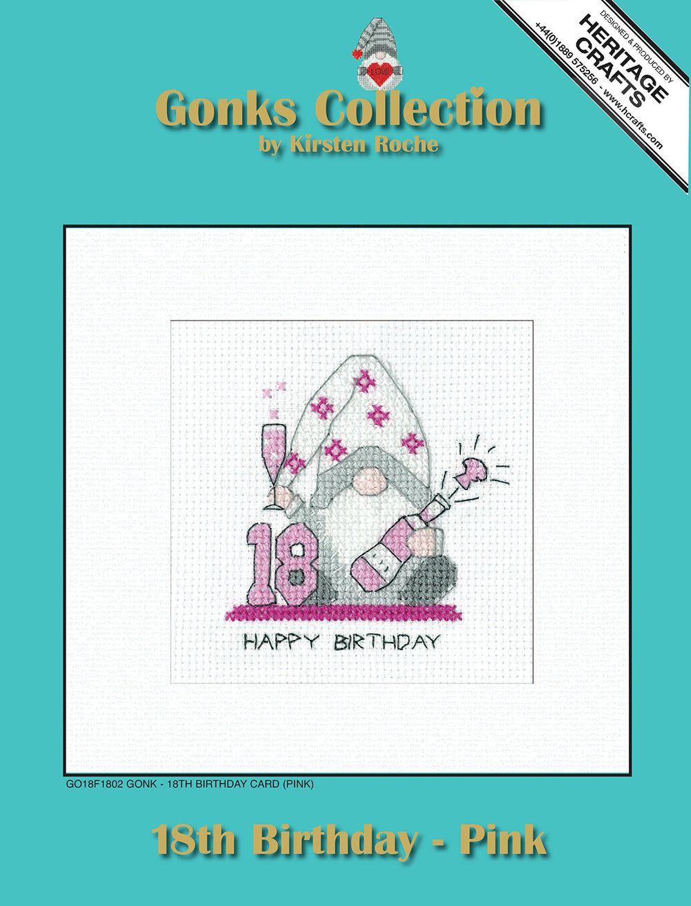 Gonk 18th Birthday Card cross stitch kit (Pink) - GO18F1802