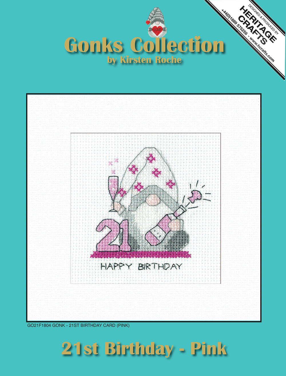 Gonk 21st Birthday Card cross stitch kit (Pink) - GO21F1804