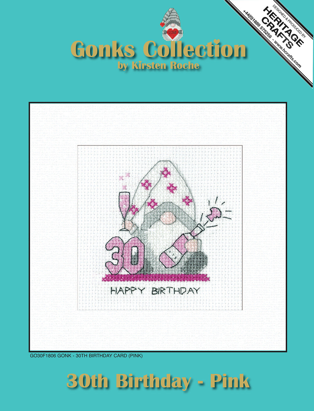 Gonk 30th Birthday Card cross stitch kit (Pink) - GO30F1806