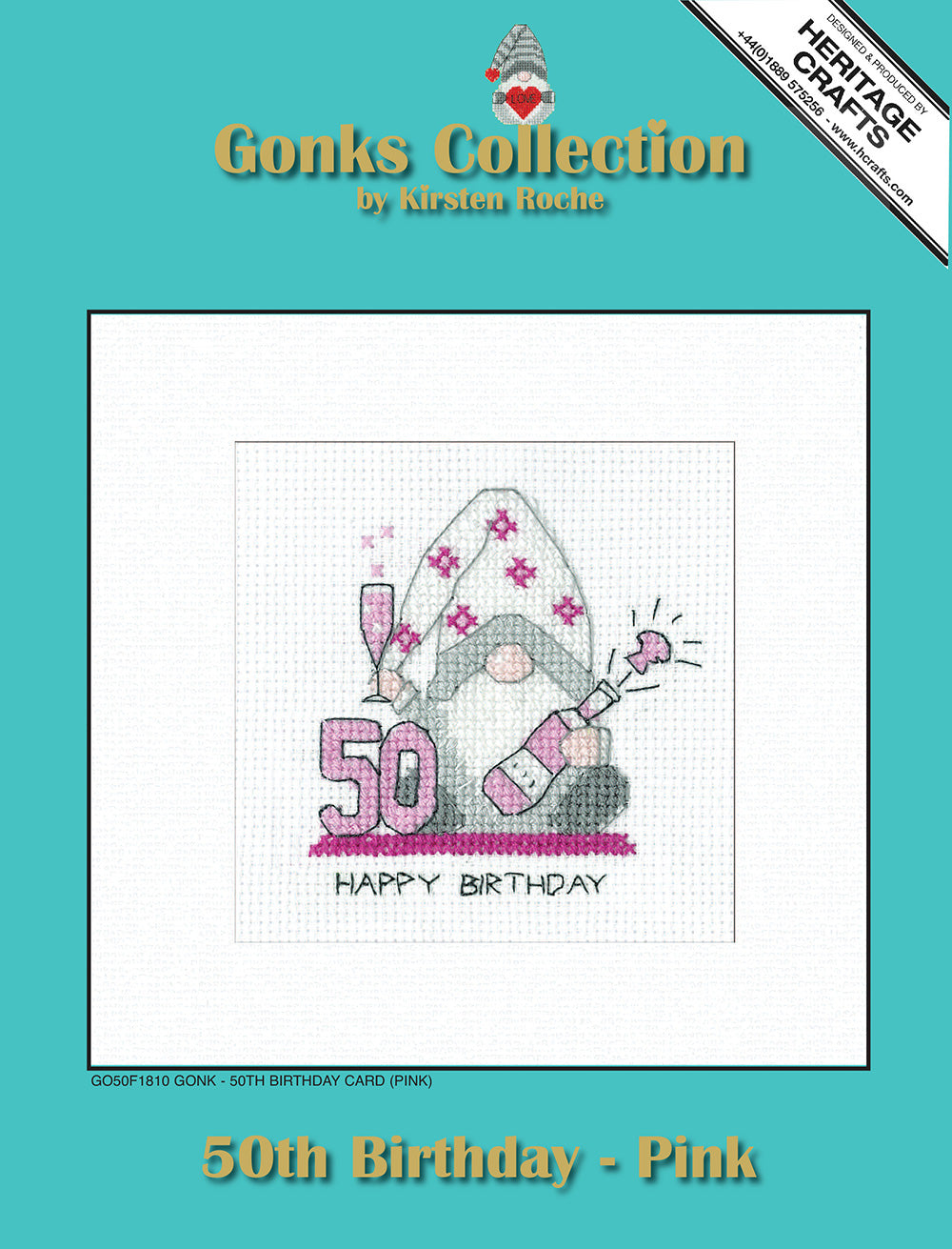 Gonk 50th Birthday Card cross stitch kit (Pink) - GO50F1810